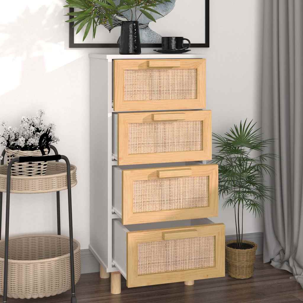 Sideboard Weiß 40x30x90 cm Massivholz Kiefer und Natur-Rattan