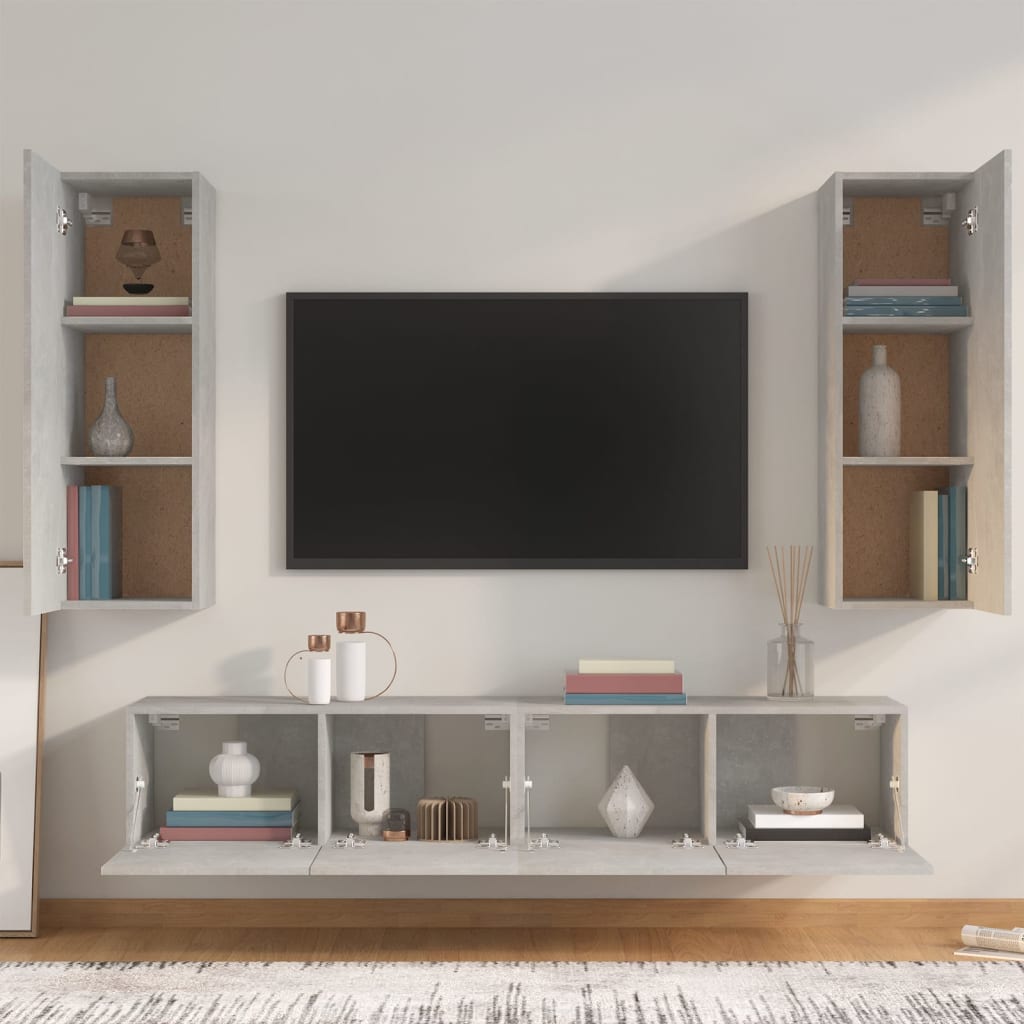 Ensemble de meubles TV 4 pièces en béton gris à base de bois