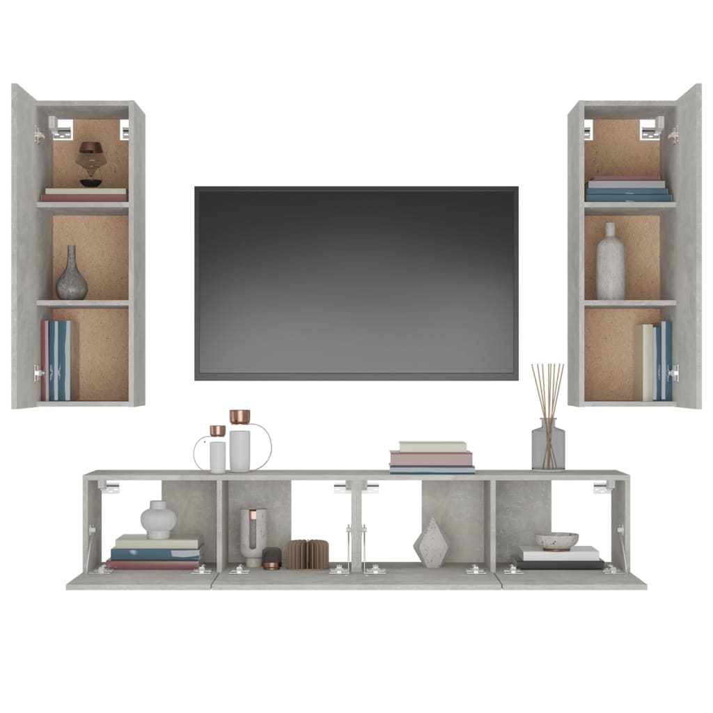 Ensemble de meubles TV 4 pièces en béton gris à base de bois