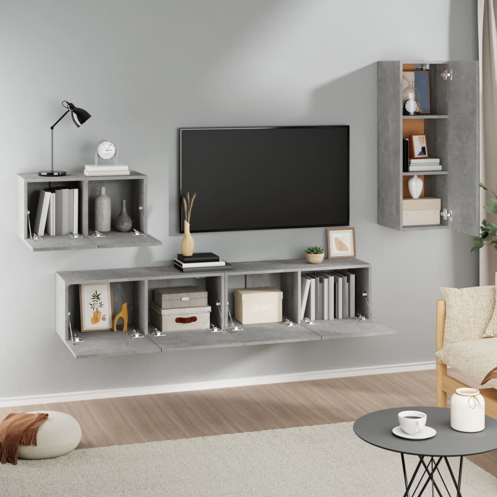Ensemble de meubles TV 4 pièces en béton gris à base de bois