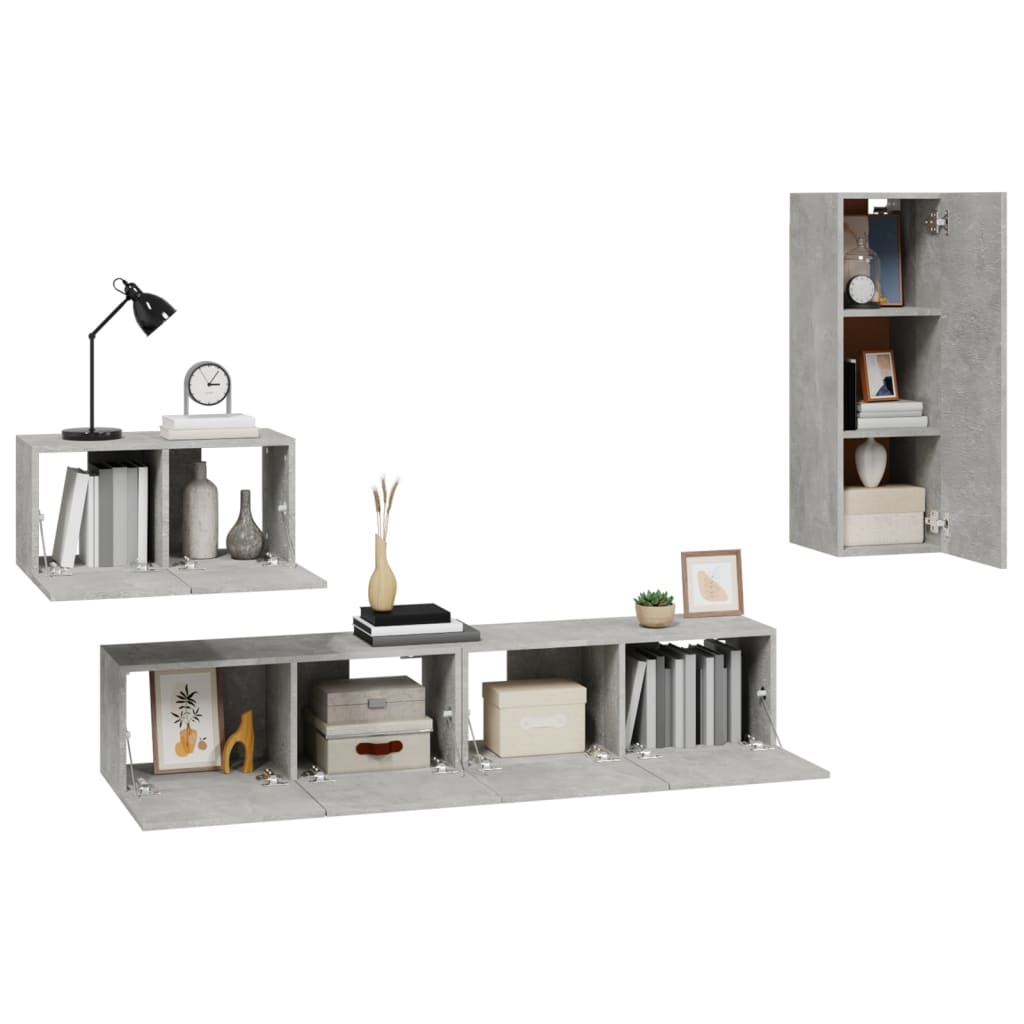 Ensemble de meubles TV 4 pièces en béton gris à base de bois