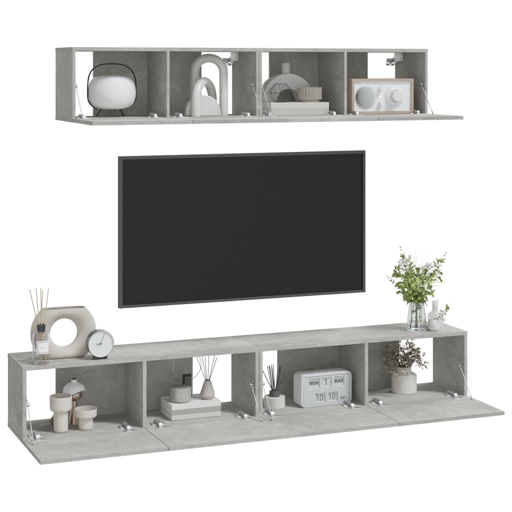Ensemble de meubles TV 4 pièces en béton gris à base de bois