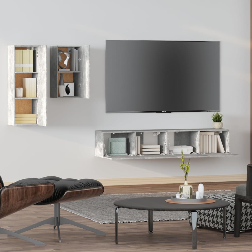 Ensemble de meubles TV 4 pièces en béton gris à base de bois