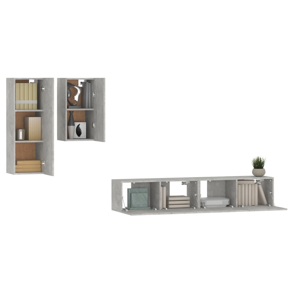 Ensemble de meubles TV 4 pièces en béton gris à base de bois