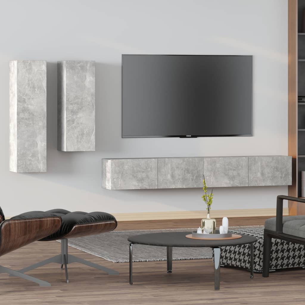 Ensemble de meubles TV 4 pièces en béton gris à base de bois