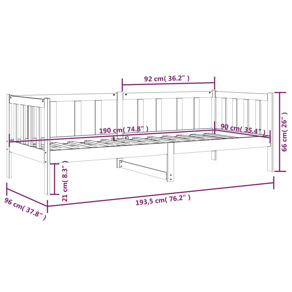 Lit de repos noir 90x190 cm en bois de pin massif