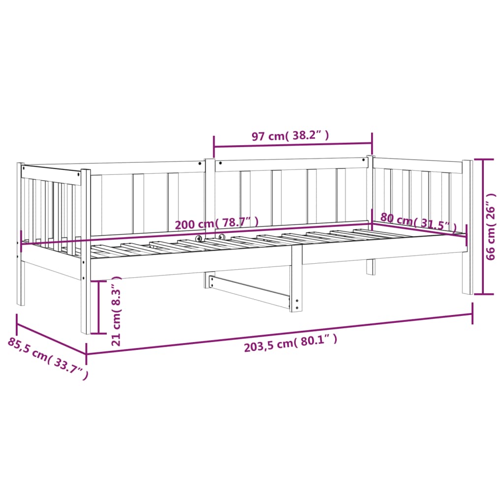 Lit de repos noir 80x200 cm en bois de pin massif