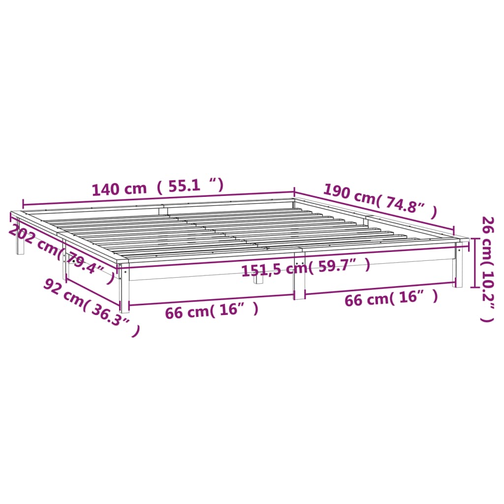 Massivholzbett mit LEDs Weiß 140x190 cm