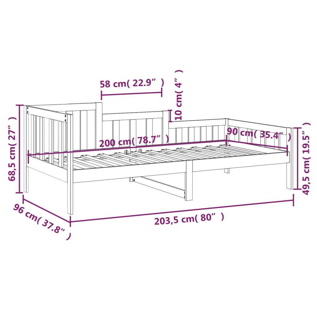 Lit de repos gris 90x200 cm en bois de pin massif