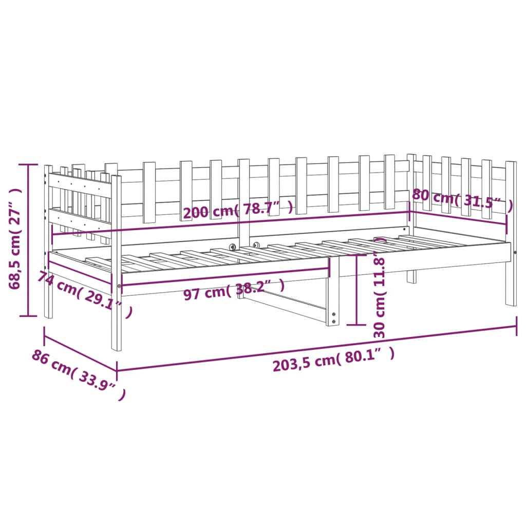 Lit de repos gris 80x200 cm en bois de pin massif