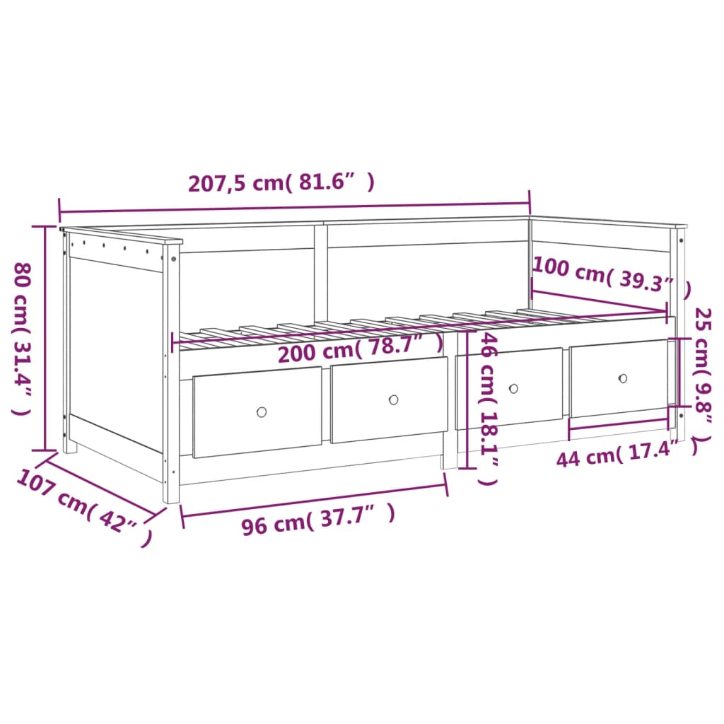 Lit de repos blanc 100x200 cm en bois de pin massif