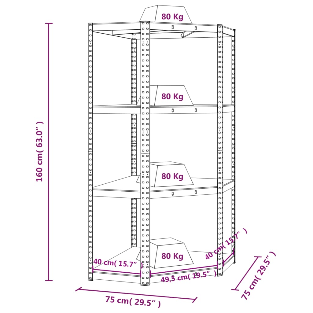 Étagère d'angle avec 4 étagères en acier anthracite et bois