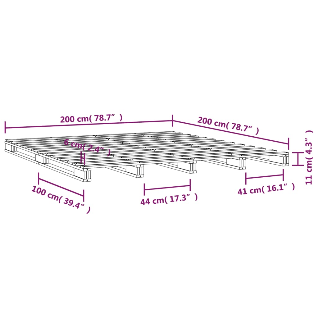 Lit palette gris 200x200 cm bois de pin massif