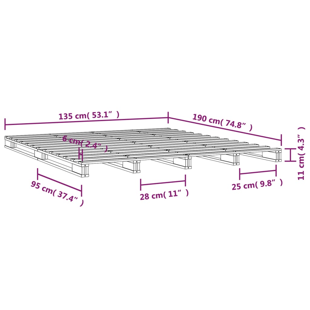 Lit palette noir 135x190 cm bois de pin massif