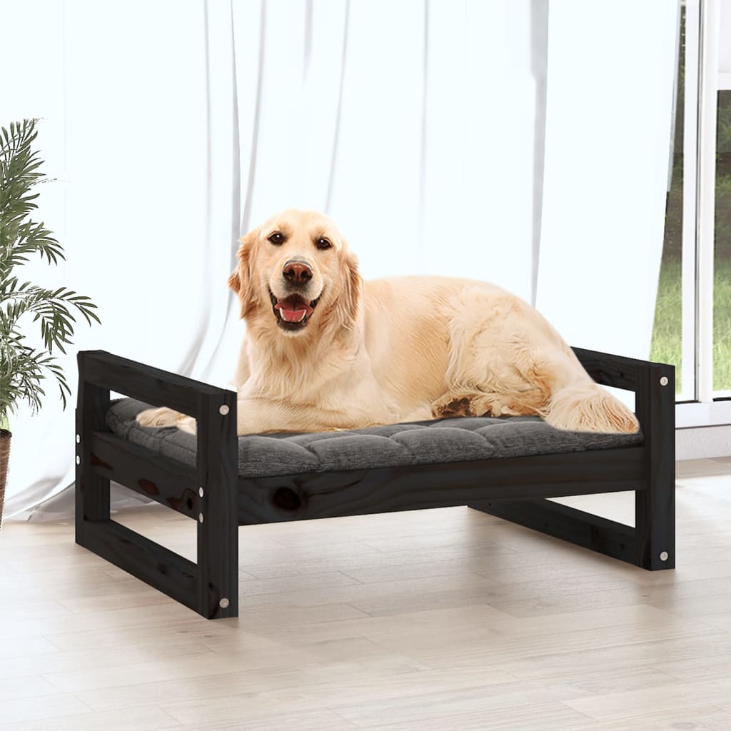 Lit pour chien noir 75,5x55,5x28 cm en bois de pin massif