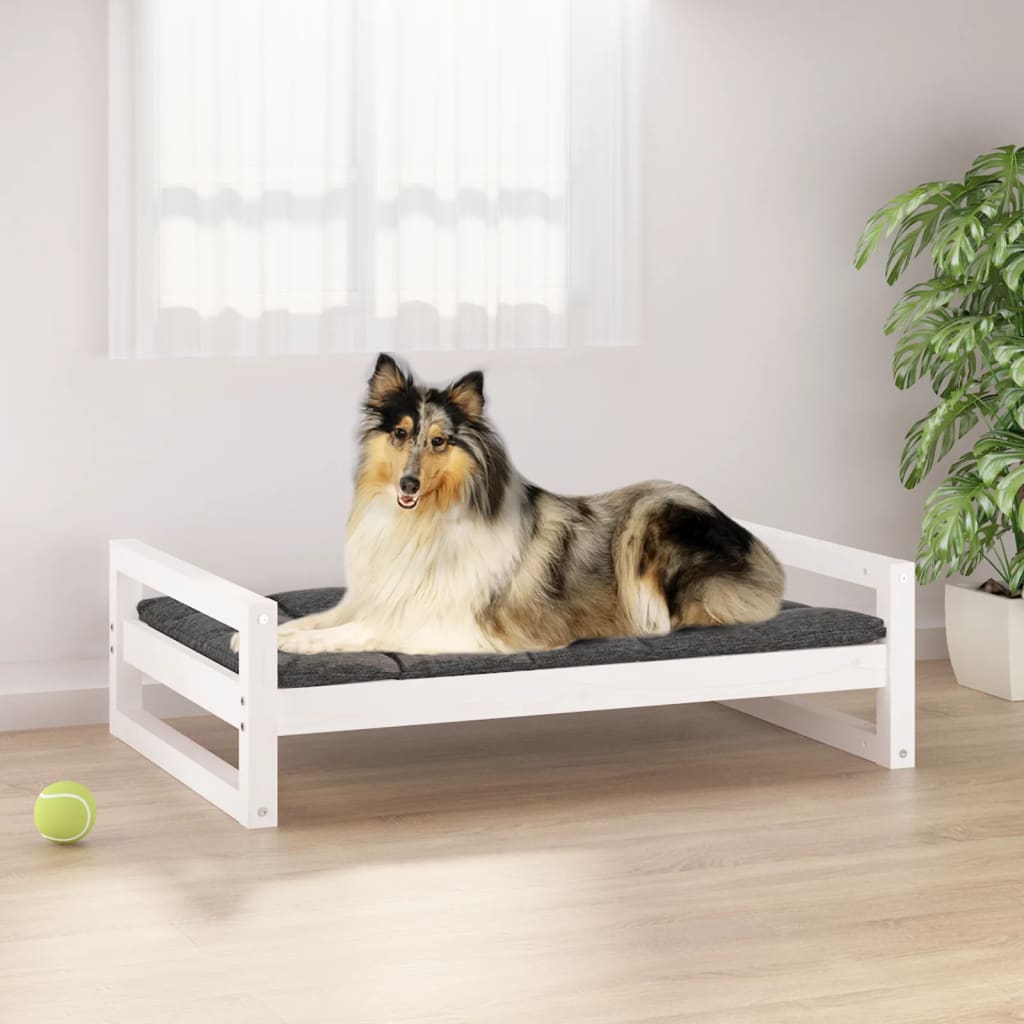 Lit pour chien blanc 95,5x65,5x28 cm en bois de pin massif