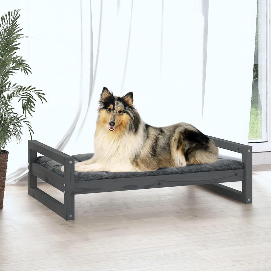 Lit pour chien gris 95,5x65,5x28 cm en bois de pin massif