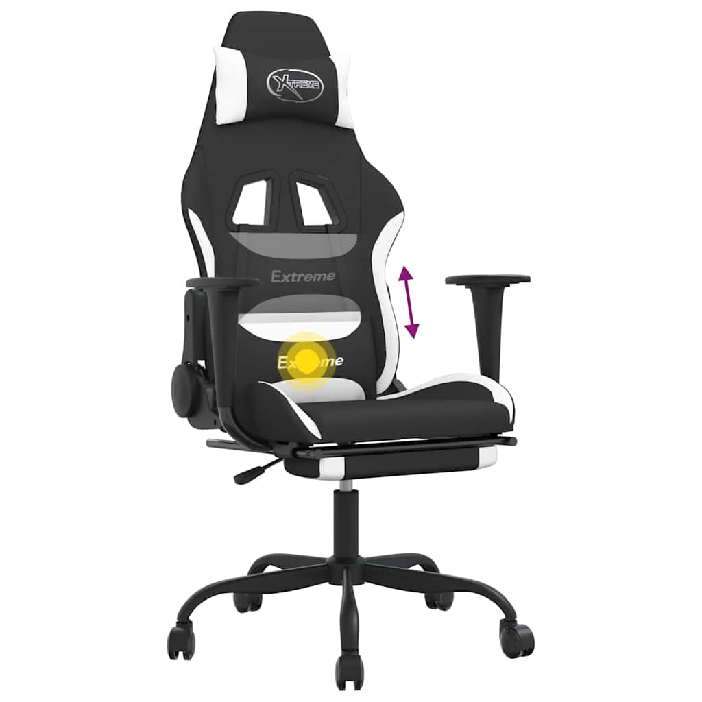 Gaming-Stuhl mit Massage & Fußstütze Schwarz und Weiß Stoff