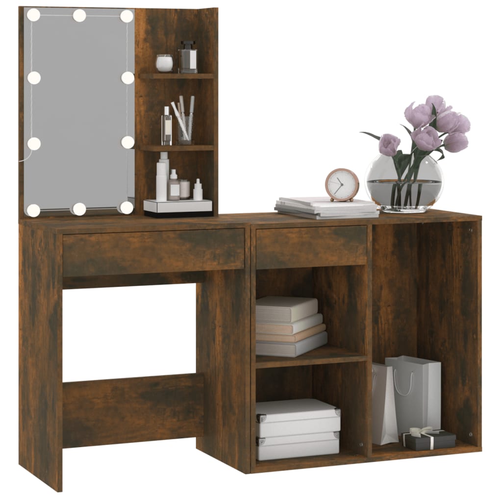 LED-Schminktisch mit Schrank Räuchereiche Holzwerkstoff