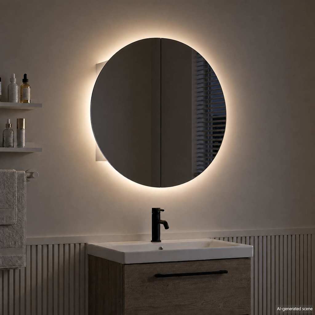 Badezimmerschrank mit Rundem Spiegel & LED Weiß 40x40x17,5 cm