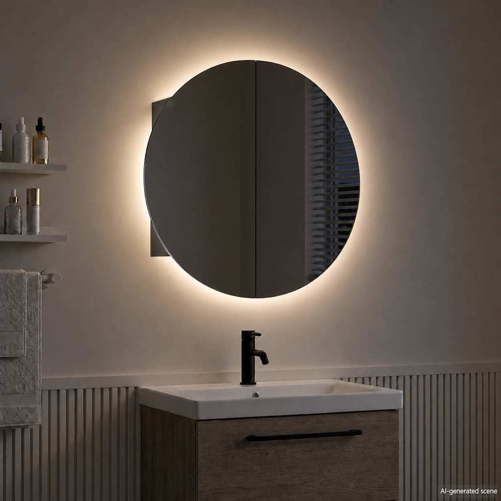 Badezimmerschrank mit Rundem Spiegel & LED Schwarz 40x40x17,5cm