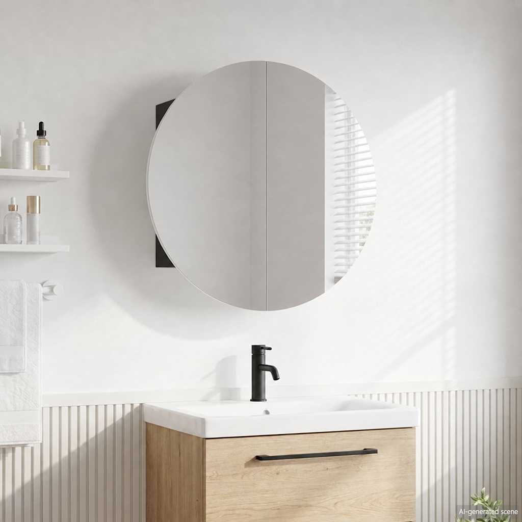 Badezimmerschrank mit Rundem Spiegel & LED Schwarz 40x40x17,5cm