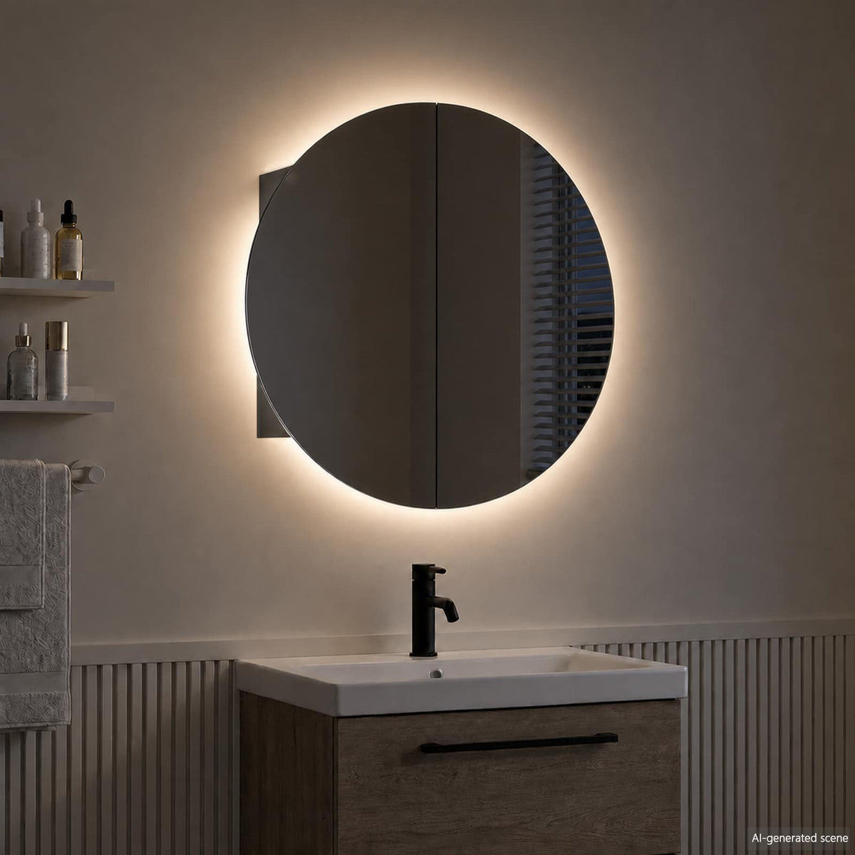 Badezimmerschrank mit Rundem Spiegel & LED Schwarz 40x40x17,5cm