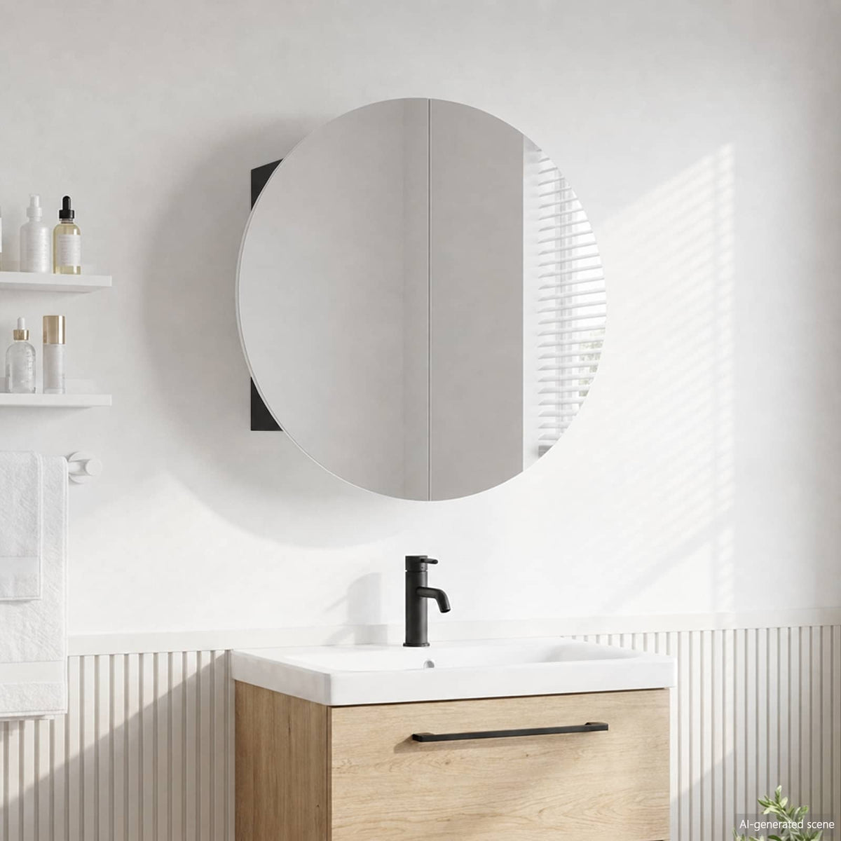 Badezimmerschrank mit Rundem Spiegel & LED Schwarz 40x40x17,5cm