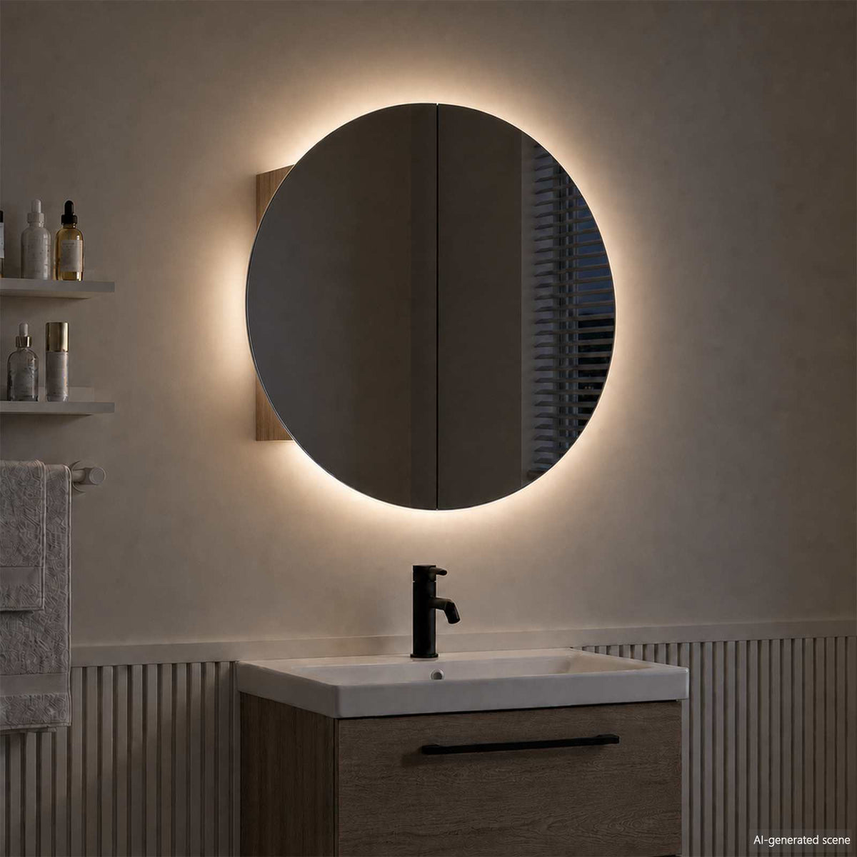Badezimmerschrank mit Rundem Spiegel & LED Eichen-Optik