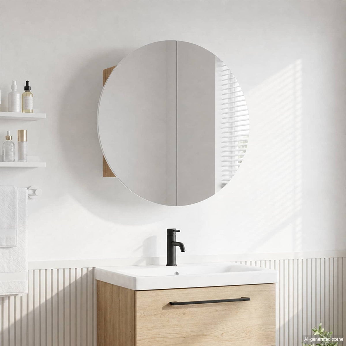 Badezimmerschrank mit Rundem Spiegel & LED Eichen-Optik
