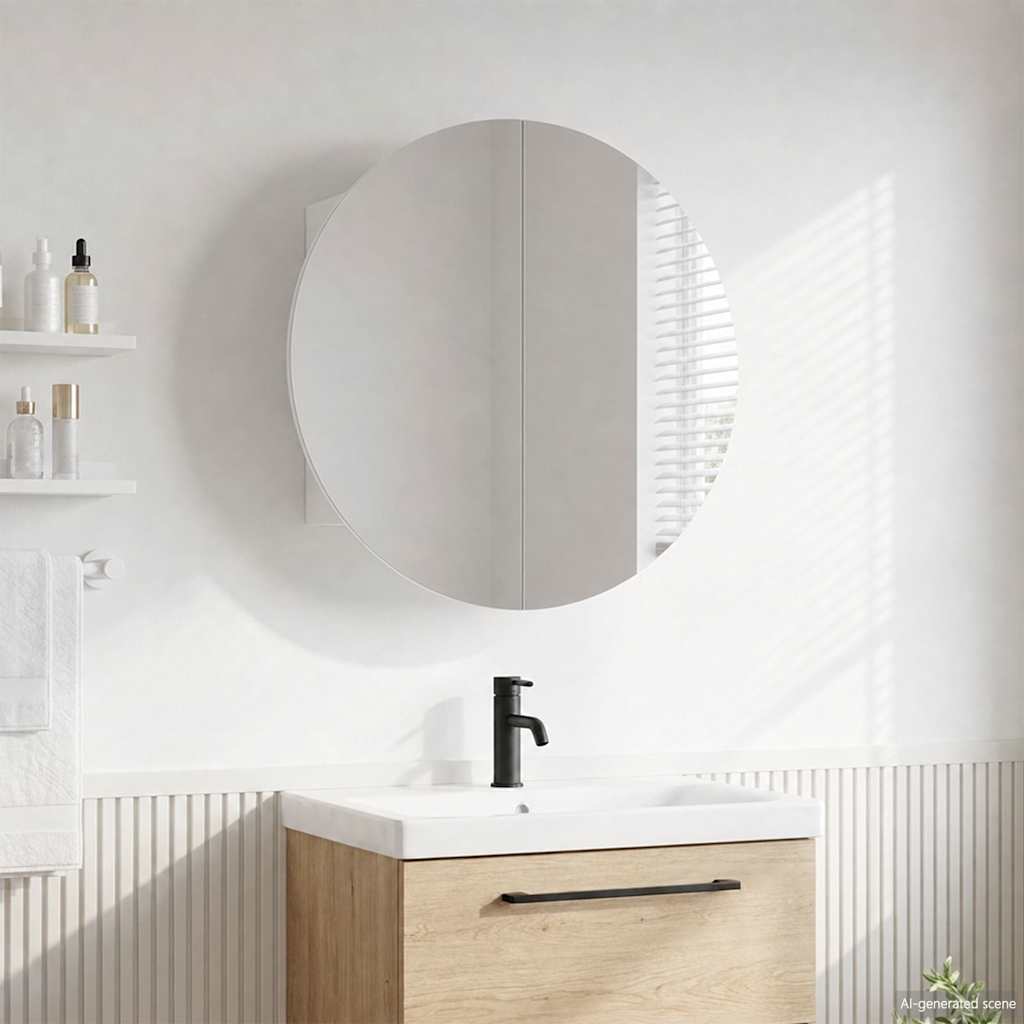Badezimmerschrank mit Rundem Spiegel & LED Weiß 47x47x17,5 cm