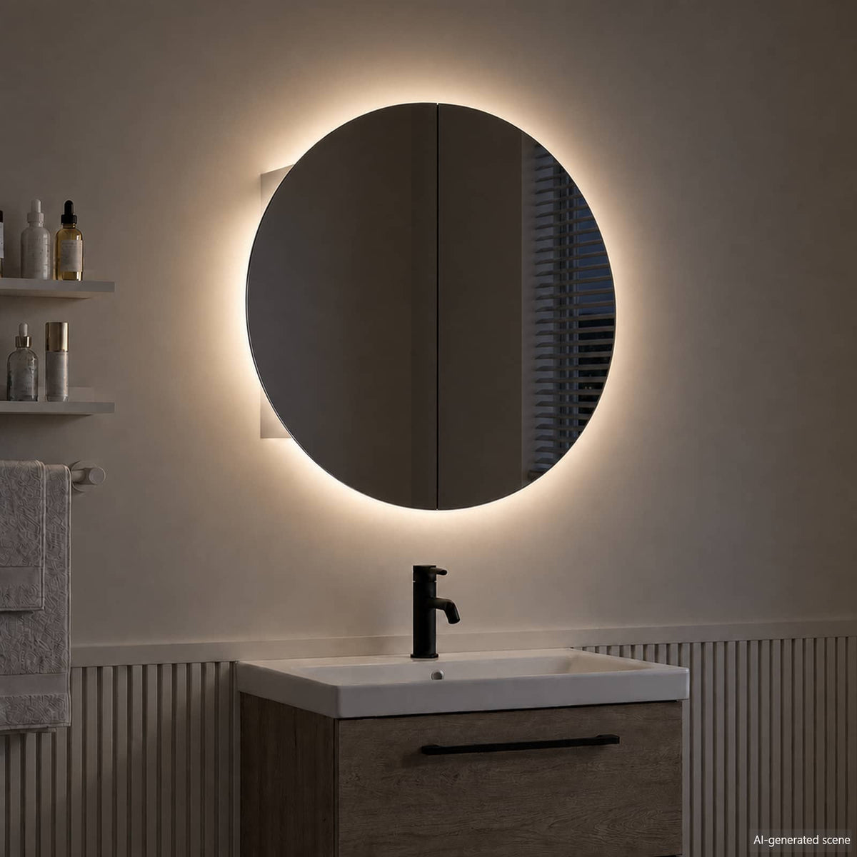 Badezimmerschrank mit Rundem Spiegel & LED Weiß 47x47x17,5 cm