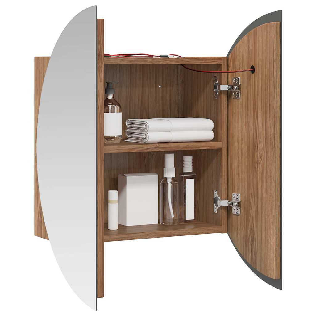 Badezimmerschrank mit Rundem Spiegel & LED Eichen-Optik