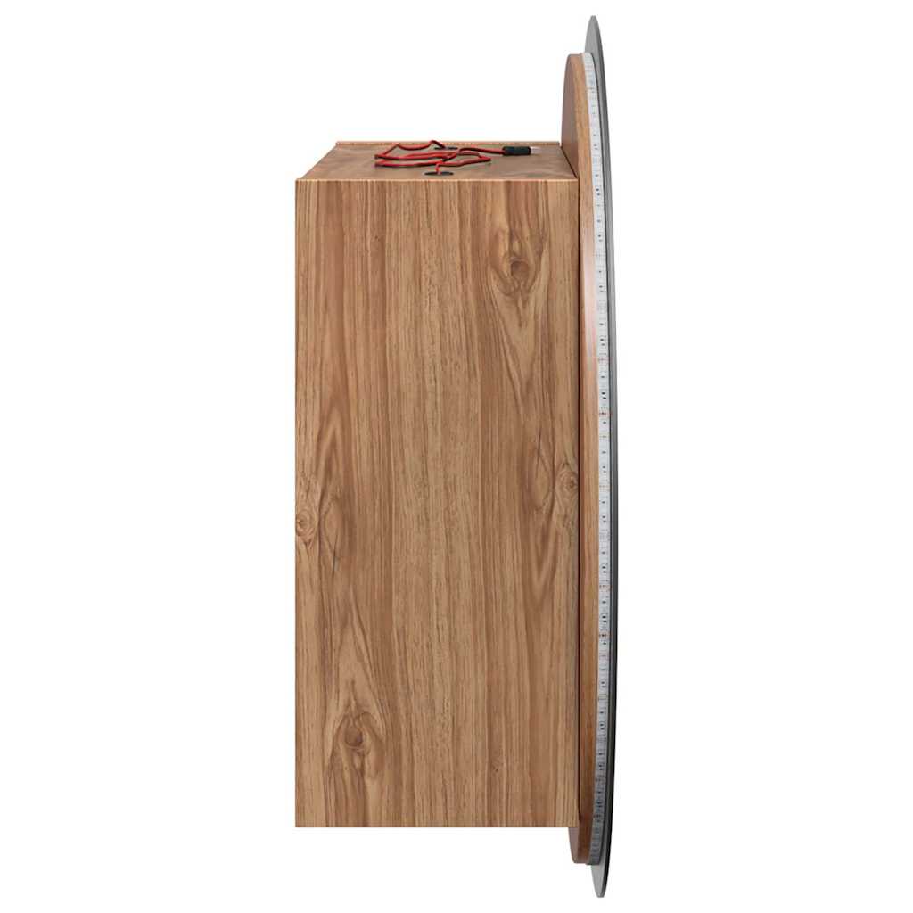 Badezimmerschrank mit Rundem Spiegel & LED Eichen-Optik