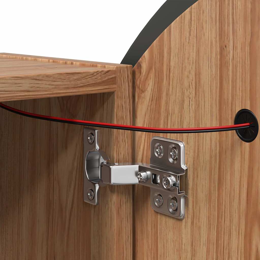 Badezimmerschrank mit Rundem Spiegel & LED Eichen-Optik