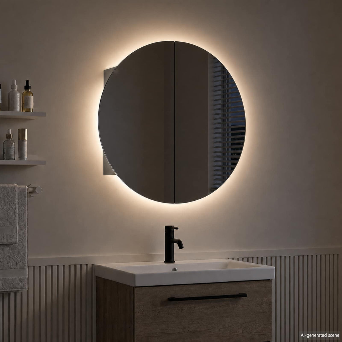 Badezimmerschrank mit Rundem Spiegel & LED Grau 54x54x17,5 cm