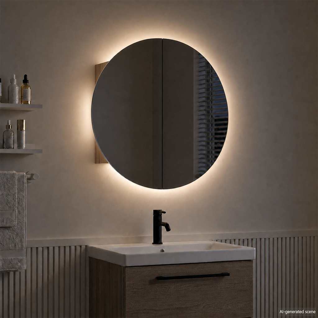 Badezimmerschrank mit Rundem Spiegel & LED Eichen-Optik