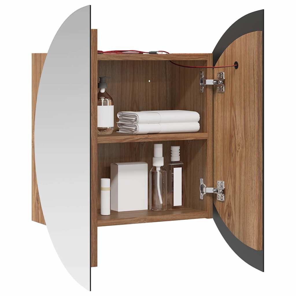 Badezimmerschrank mit Rundem Spiegel & LED Eichen-Optik