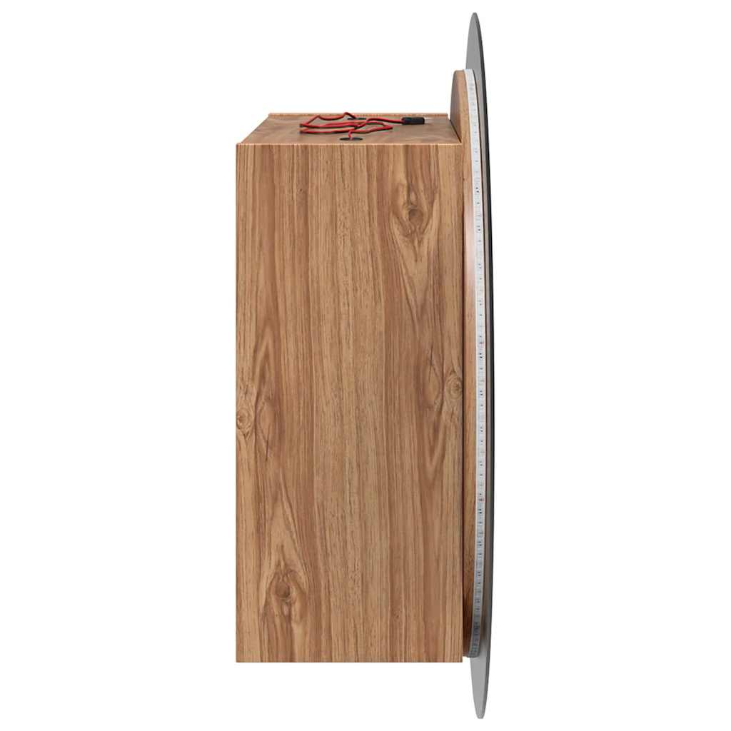 Badezimmerschrank mit Rundem Spiegel & LED Eichen-Optik