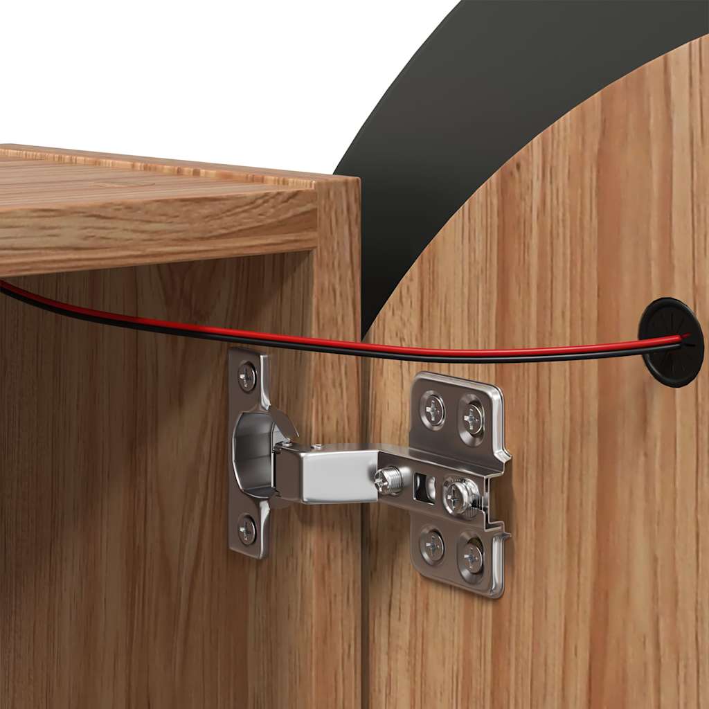 Badezimmerschrank mit Rundem Spiegel & LED Eichen-Optik