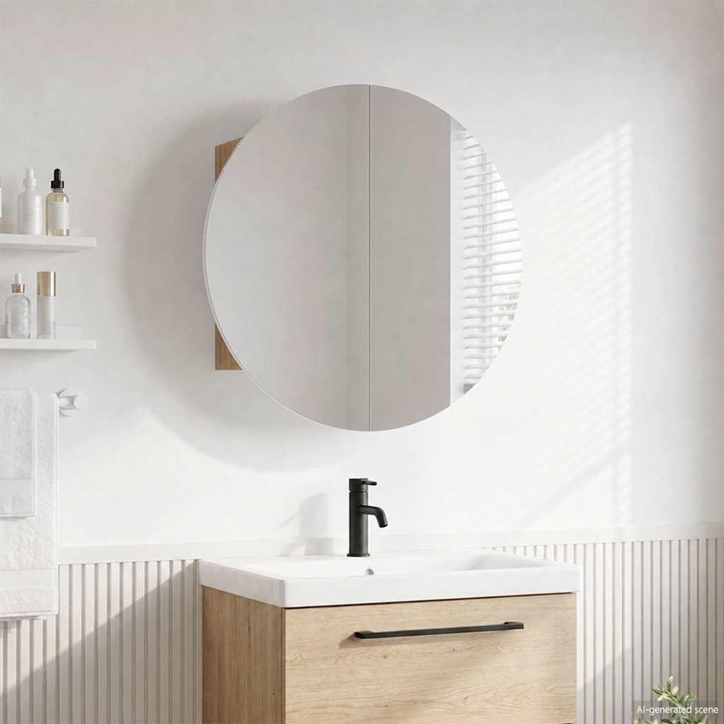 Badezimmerschrank mit Rundem Spiegel & LED Eichen-Optik