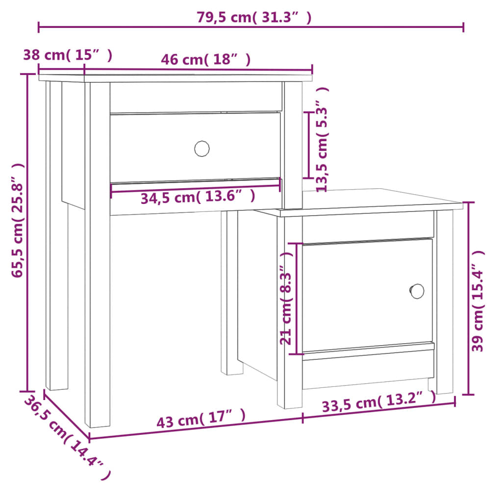 Table de chevet grise 79,5x38x65,5 cm en bois de pin massif