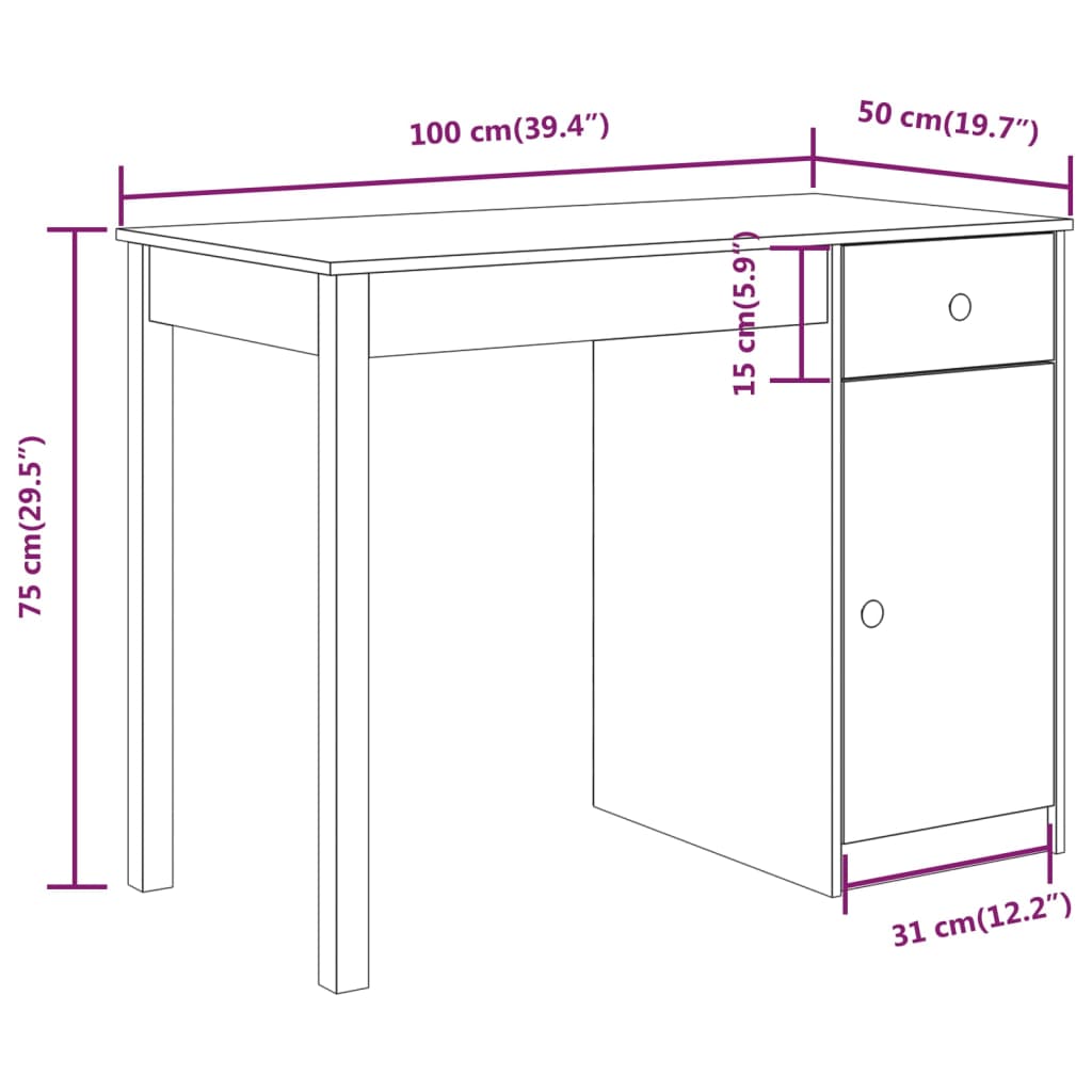 Bureau 100x50x75 cm en bois de pin massif