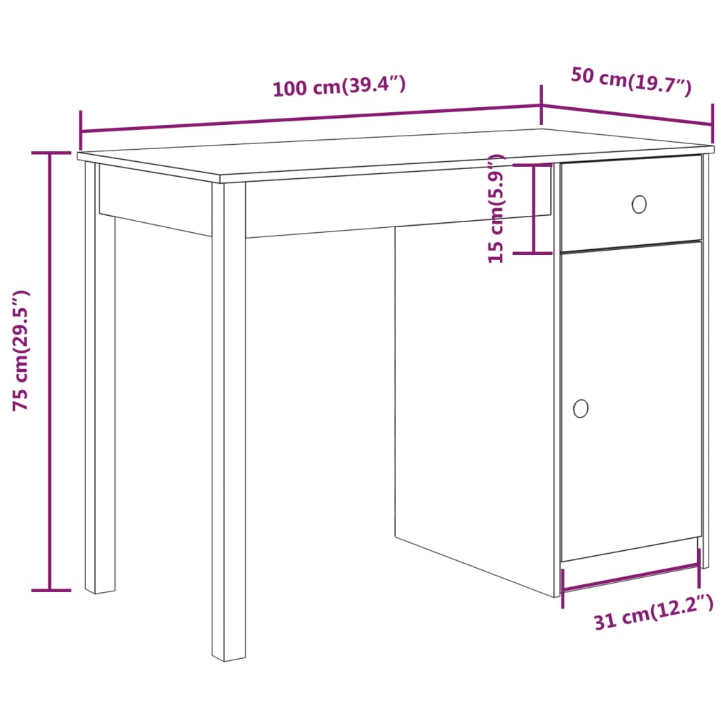 Bureau noir 100x50x75 cm en bois de pin massif