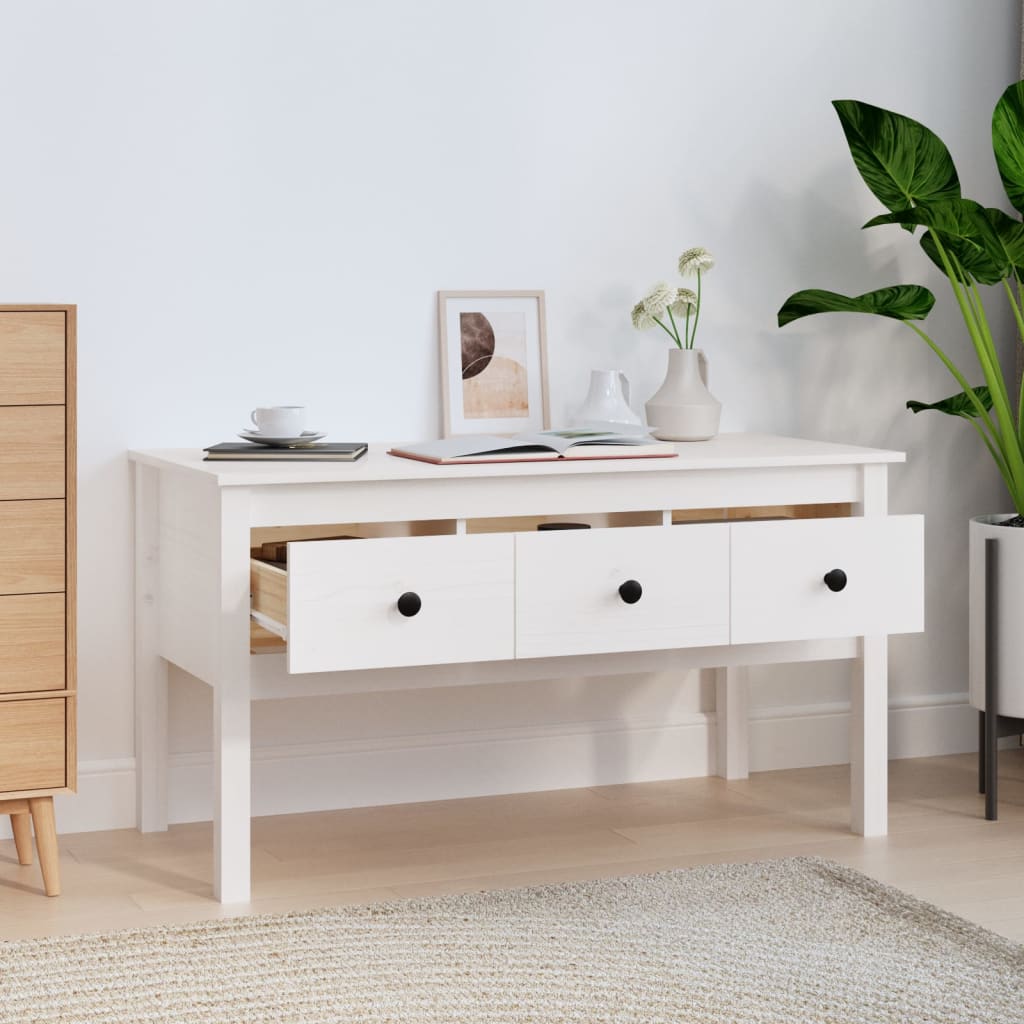 Table basse blanche 102x49x55 cm en bois de pin massif