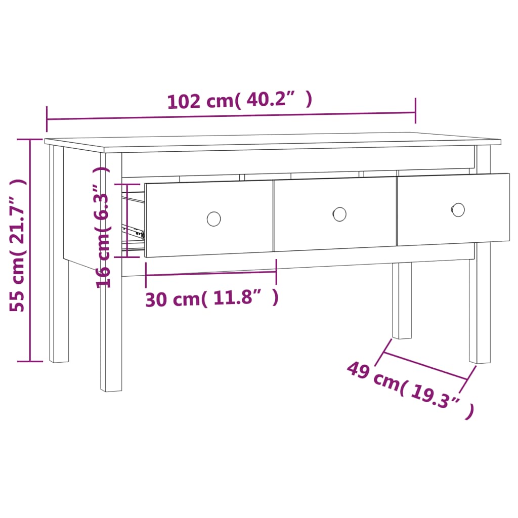 Table basse blanche 102x49x55 cm en bois de pin massif