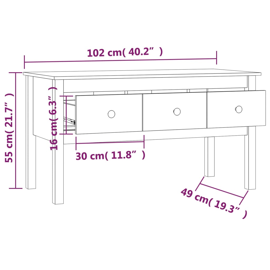 Table basse marron miel 102x49x55 cm en bois de pin massif