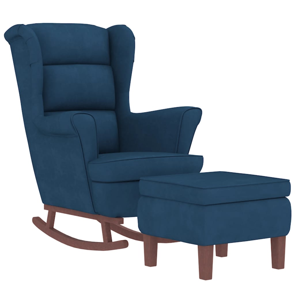 Chaise à bascule et tabouret avec pieds en bois velours bleu