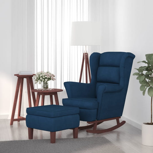 Chaise à bascule et tabouret avec pieds en bois velours bleu