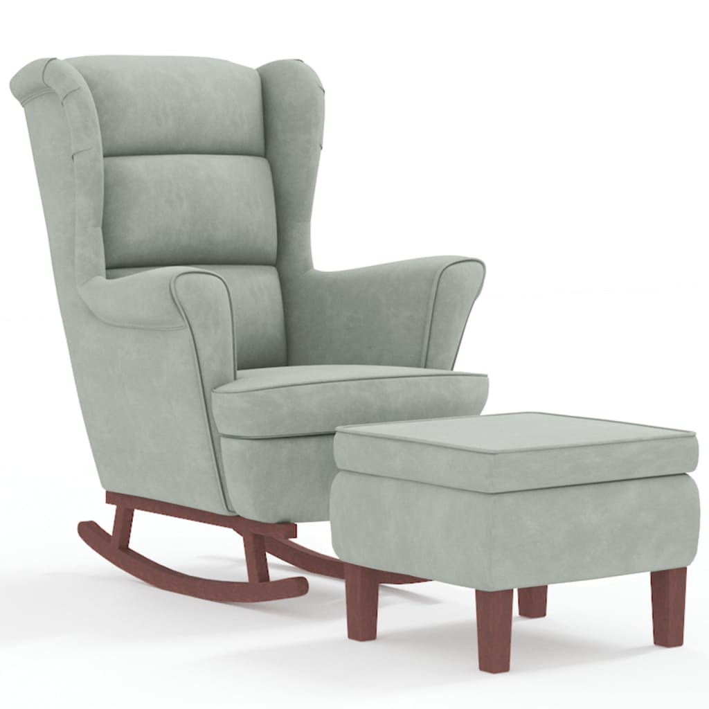Chaise à bascule et tabouret avec pieds en bois et velours gris clair